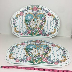 2 Vtg Easter Rabbit Bunny Heart Pastel Floral Easter Placemats Town Country READ